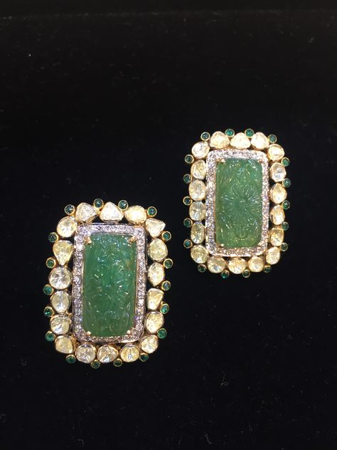 Open setting emeralds with diamonds and uncut diamonds Studs Indian, Emerald Studs, Simple Jewellery, Earrings And Necklace Set, Bridal Diamond Jewellery, Antique Jewelry Indian, Ear Ring, Vintage Fine Jewelry, Wedding Jewellery Collection