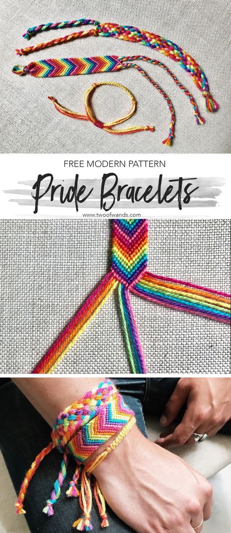 Three free tutorials for a knotted chevron bracelet, 8 strand woven braid bracelet, and adjustable square knot bracelet using Lion Brand Bonbons in celebration of Pride month. Strong Bracelet Knot, 8 Strand Friendship Bracelet, Woven Bracelets Diy, Braiding Bracelets Diy, Pride Accessories Diy, How To Make A Chevron Bracelet, How To Make Braided Bracelets, Braided Bracelets Tutorial, Knotting Bracelets