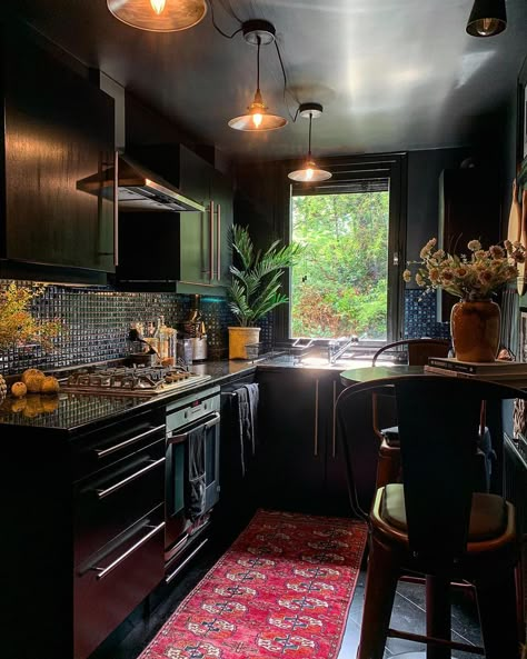 Romantic Gothic Home Decor, Goth Kitchen, Moody Kitchen, Gothic Kitchen, Dark Home Decor, Dark Home, Dark Kitchen Cabinets, Dark Interiors, Boho Kitchen