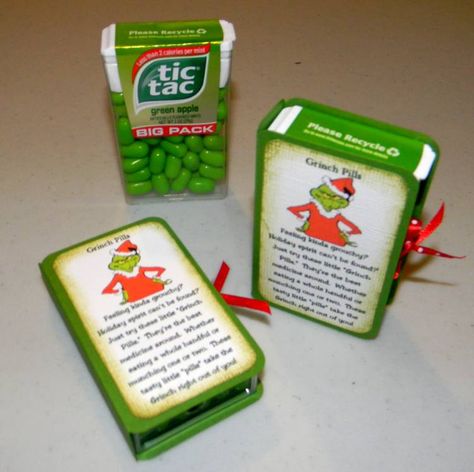 My version of the tic tac box....  big box size Grinch Gift Bags, Grinch Pranks, Grinch Gift Ideas, Grinch Gifts, Grinch Pills, Grinchmas Party, Grinch Christmas Party, Grinch Party, Merry Grinchmas