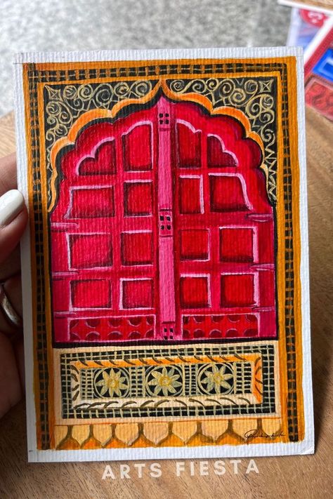 Rajasthan jharokha 2 inspired by jaipur, the pink city of Rajashtan. The acrylic paper painting is made by Parikshita Jain available on artsfiesta.com Rajasthani Fort Paintings, Jarukha Painting, Rajasthan Architecture Sketches, Rajasthan Doodle, Rajasthani Art Paintings Canvases, Rajasthan Jharokha, Rajasthan Theme Decoration, Rajasthan Drawing, Architecture Painting Acrylic