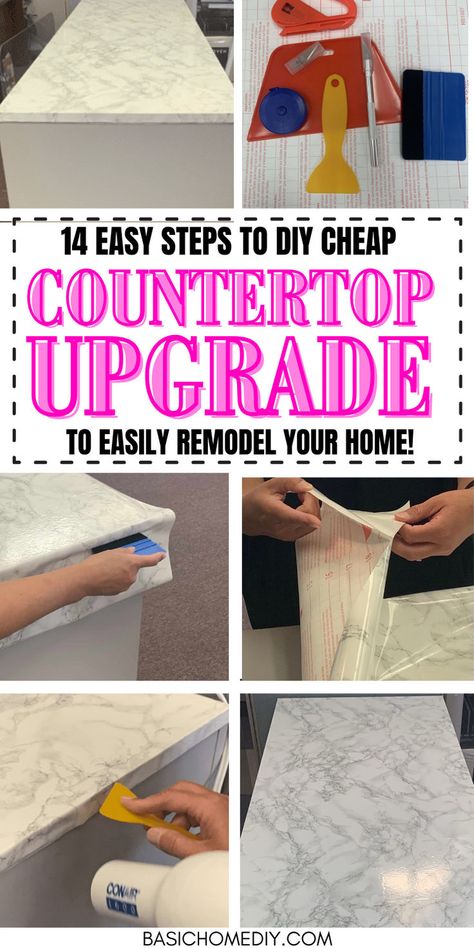 14 simple steps to DIY cheap contact paper countertop upgrade tutorial. Perfect for your butcher block, desk, kitchen countertops, or bathroom, this budget-friendly home makeover comes in granite, white, or faux marble. This budget home upgrade idea is a simple peel-and-stick solution to cover old countertops in a rental, camper, small kitchen, or apartment. Get a detailed tutorial to guide you through the installation process with before and after pictures. Diy Contact Paper Countertops, Diy Countertops Cheap, Cheap Countertop, Kitchen Counter Diy, Contact Paper Countertop, Peel And Stick Countertop, Butcher Block Desk, Cheap Kitchen Makeover, Rental Kitchen Makeover