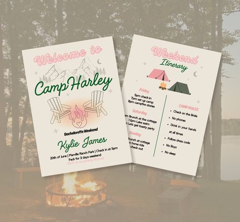 Camp Bachelorette Party Invitation and Itinerary Template | Last Trail Before The Veil | Campfire & Brews Before I Do Party |Adult Camp Bach Adventure Bachelorette Party, I Do Party, Last Trail Before The Veil, Camp Bachelorette Party, Camp Bach, Themed Bachelorette, Campfire Stories, Bachelorette Itinerary, Bachelorette Party Invitation