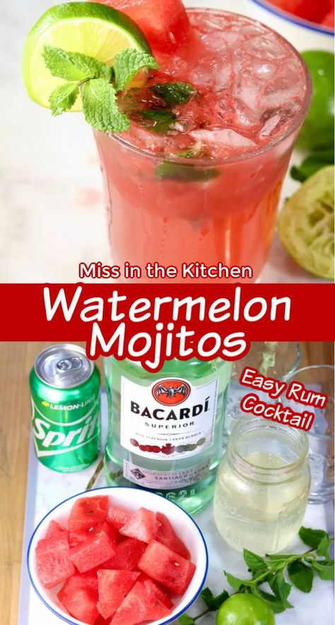 Cosmos Cocktail, Watermelon Alcoholic Drinks, Watermelon Mojito Recipe, Rum Cocktails Easy, Simple Cocktails, Rum Drinks Recipes, Yummy Cocktails, Alcohol Beverages, Watermelon Cocktail