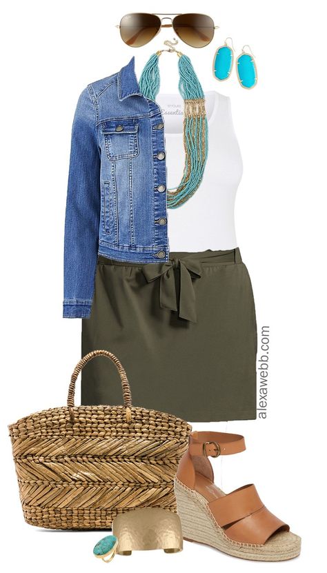 I like the unexpected combination of khaki green and turquoise in this plus size skort outfit.  This plus size skort is so cute with it’s tie belt!  But, if skorts aren’t your thing, shorts (or these), capris, or pants would also work great!  Add a straw tote and espadrille wedges and you’re summer-ready. Want to get… Read More Plus Size Skort Outfit, Plus Size Skort, Short Plus Size Fashion, Skort Outfit, Rok Outfit, Outfit Plus Size, Look Plus Size, Plus Size Summer Outfit, Trendy Skirts