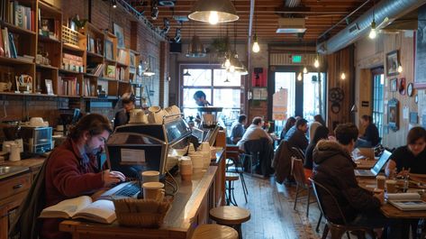 Bustling Coffee Shop: #Customers enjoying their time in a #cozy, #bustling #CoffeeShop filled with individuals working and socializing. #café #community #AIart #AIphoto #StockCake ⬇️ Download and 📝 Prompt 👉 https://stockcake.com/i/bustling-coffee-shop_945145_1021117 Working In A Cafe, Shop Image, Music Cartoon, Architecture Logo, Coffee Shop Aesthetic, Shop Counter, Shop Aesthetic, Silhouette Illustration, Gym Style