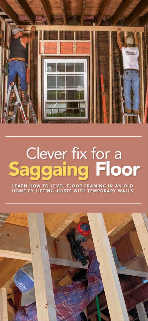 Diy House Leveling, How To Level Floors In An Old House, How To Level A Floor In An Old House, Leveling Floors In Old House, Sistering Joists, Fix Squeaky Floors, Farm Renovation, Temporary Walls, Porch Beams