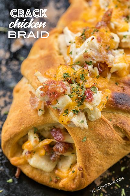 Cracked Out Chicken Braid recipe - crescent rolls stuffed with chicken, cheddar, bacon and ranch. SO easy!!! Great way to use up leftover chicken. We make this at least once a week! It is THE BEST!!! #chickenrecipe #kidfriendlyrecipe #dinnerrecipe #bacon Chicken Braid Recipe, Crescent Dough Sheet Recipes, Cracked Out Chicken, Chicken Braid, Crescent Braid, Crescent Roll Recipes Dinner, Recipes Using Crescent Rolls, Chicken Cheddar, Sandwich Chicken