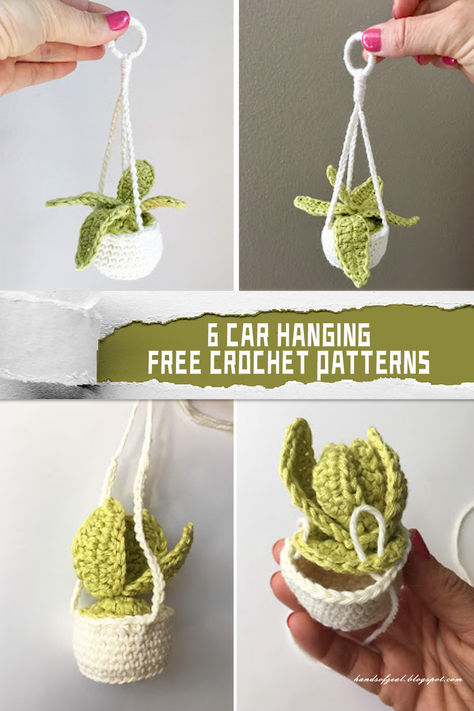 6 Car Hanging Crochet Patterns - FREE - iGOODideas.com Crochet Hanging For Car, Crochet Car Succulent, Hanging Crochet Car Decor Pattern, Crochet Rear View Mirror Accessories Free Pattern, Car Mirror Crochet Free Pattern, Crochet Succulent Car Hanger, Crochet Car Basket Free Pattern, Crochet Air Freshener Covers, Free Crochet Car Decor Patterns