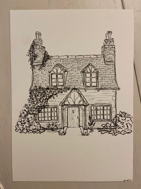 Black and white sketch, pigma micron archival ink, pen, sketch, freehand drawing East Aesthetic Drawings, House Sketches Architecture, Cottage Drawing Reference, Cottage Core Things To Draw, Cottagecore Sketches Simple, How To Sketch Houses, Cottage Homes Drawing, Cottage Pencil Drawing, Drawing Of Cottage