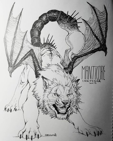 Manticore Tattoo Design, Evil Wolf Drawing, Fantasy Creatures Tattoo, Mythical Beast Tattoo, Hybrid Monster Art, Dark Animal Drawings, Manticore Drawings, Mithical Creachers Drawing, Scary Creatures Drawings