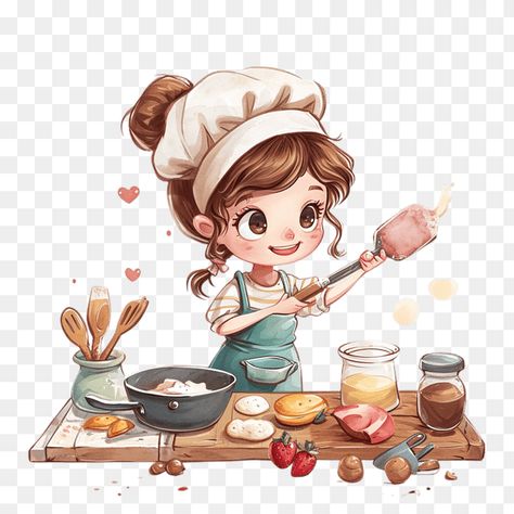 Cute Chef Girl Baking Pastry Clipart Cooking Illustration Drawing, Pastry Clipart, Cooking Drawing, Chef Clipart, Chef Girl, Watercolor Angel, Pastel Clouds, Girl Cooking