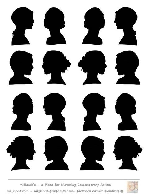 Free Face Silhouettes Printable ~ these would be great to use for a family tree page when you don't have an ancestor's photo! www.milliande-printables.com/female-face-silhouette-stencil.html Woman Stencil, Printable Stencil, Face Silhouette, Face Stencils, Heritage Scrapbooking, Silhouette Template, Stencils Printables, Free Stencils, Stencil Templates