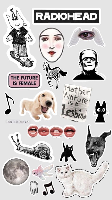 some cute stickers #stickers #radiohead #lesbian #cats #pinkandblack #dogs Things To Print Out For Phone Case, Phone Case Stickers Printables, Phone Case Cutouts, Phonecase Sticker Decor, Arctic Monkeys Phone Case Stickers, Cat Stickers Aesthetic, Radiohead Stickers Printable, Cat Stickers Printable, Sticker Sheets Aesthetic