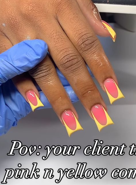 Pink N Yellow Nails, Yellow French Tip Nails, Pink And Yellow Nails, Yellow French Tip, Spoiled Girl, Yellow French, Acrylic Nails Coffin Pink, Tip Nails, Unique Acrylic Nails