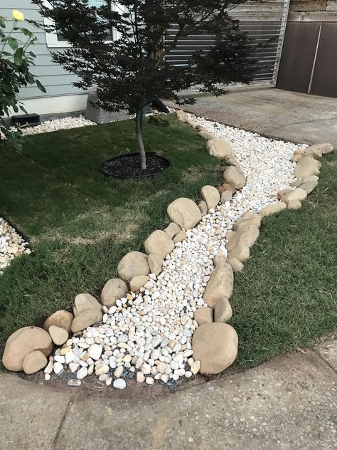 Egg Rock Landscaping, Creek Bed For Drainage, River Rock Drainage Ditch, Dry Creek Bed For Drainage, Narrow Dry Creek Bed, Flagstone Dry Creek Bed, Rock Stream Garden Dry Creek, River Rock Landscaping Dry Creek Bed Rain Garden, Rock Drainage