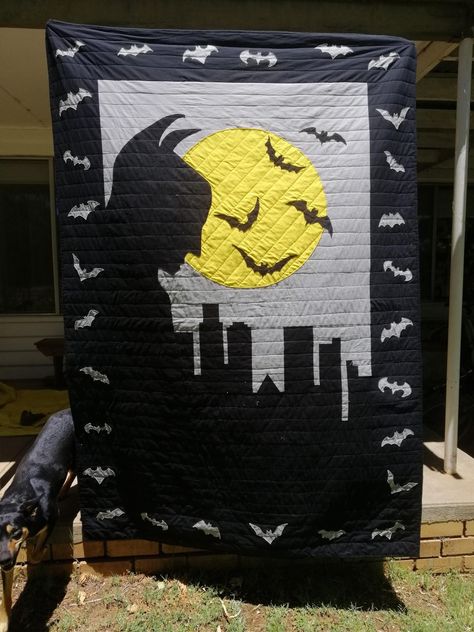 Batman Quilt Pattern, Bat Quilt, Batman Quilt Ideas, Goth Quilt Patterns, Crow Quilt, Bat Blanket Sewing Pattern, Batman Quilt, Superhero Quilt, Cow Applique