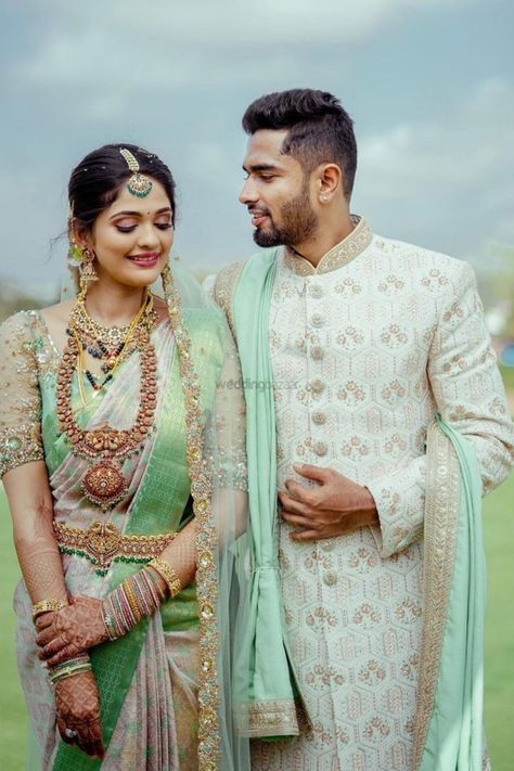 Presenting you latest wedding outfit inspiration for south indian couple. Check out the latest south indian wedding ideas at weddingbazaar.com #weddingbazaar#indianwedding #southindianbrides #silksarees #kanjeevaramsaree #southindiansareelook #southindiansareeblousedesign #southindiansareewhite #southindianweddingoutfitsisters #southindianweddingoutfitgroom #southindianweddingoutfitbridegroom #southindianweddingoutfitformen #southindianweddingoutfitguest #southindianweddingoutfitsaree Sleeve Blouse Designs, Wedding Matching Outfits, Bangalore Wedding, Engagement Saree, Couple Matching Outfits, Bridal Sarees South Indian, Couple Wedding Dress, Wedding Saree Blouse Designs, Indian Wedding Couple