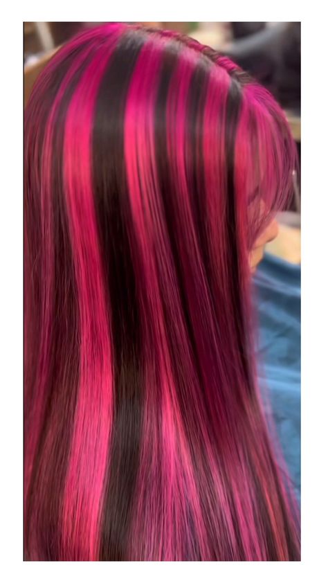 Pink And Black Hair Draculaura, Hot Pink Skunk Stripe Hair, Skunk Stripe Hair Pink, Pink Skunk Highlights, Draculara Hair Dye, Hair Strips Color Highlights, Draculaura Hair Curly, Skunk Hair Pink, Draculaura Hairstyle