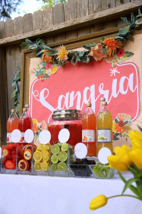 Sangria Bar- the prettiest drink station for summer parties, showers, and weddings Wedding Sangria Bar, 60th Birthday Summer Theme, Sangria Themed Party, Spanish Themed Bridal Shower Ideas, Spanish Engagement Party, Fiesta Bridal Shower Decorations, Sangria Station, Fiesta Bridal Shower Ideas, Engagement Fiesta