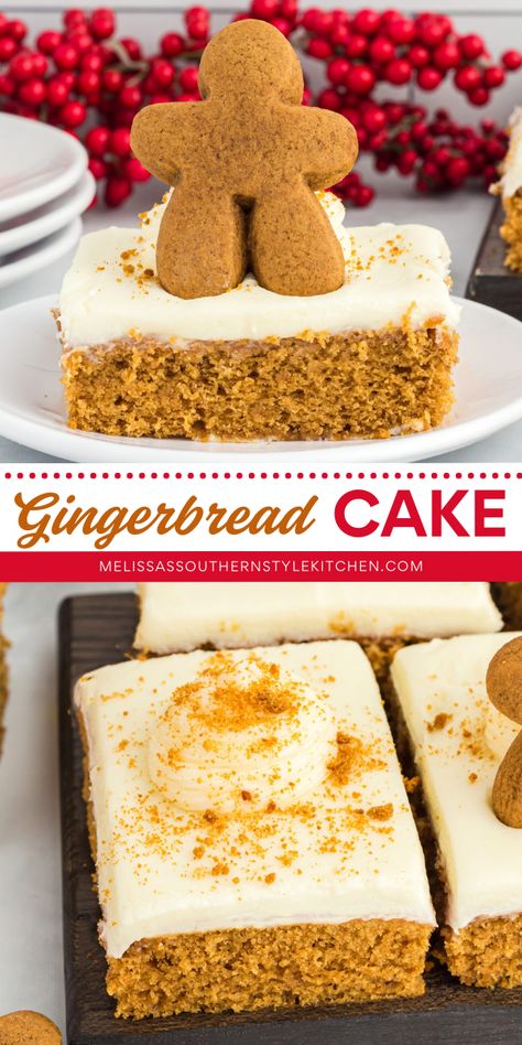 This moist Gingerbread Cake brings cozy holiday flavors like molasses, ground ginger, cinnamon, and cloves to your dessert table! It’s topped with a luscious cream cheese frosting, making it a festive choice for Christmas dessert ideas and a delicious sweet treat to make at home! Gingerbread Cake With Cream Cheese Frosting, Icing For Gingerbread Cake, Gingerbread Sheet Cake, Gingerbread Deserts, Ginger Dessert Recipes, Ginger Recipes Dessert, Gingerbread Desserts, Moist Gingerbread Cake, Gingerbread Dessert Recipes