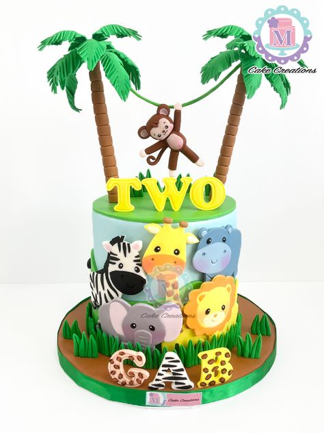 2nd Birthday Cake Animals, Jungle Beat Birthday Cake, Animal Theme Cake Without Fondant, Jungle Theme Cake Without Fondant, Monkey Theme Cake, Cake Without Fondant, Jungle Theme Cake, Cakes Without Fondant, Jungle Safari Cake