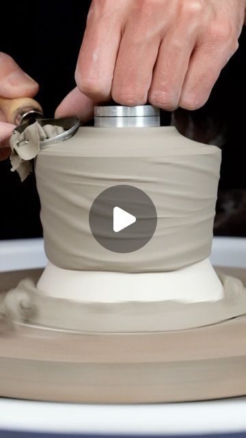 @leonasceramics on Instagram: "This is my process for trimming wide slip cups. I begin by centering a self-made pre-bisqued chuck and firmly attaching it to the wheel or a bat. Its purpose is to securely hold the upside-down, leather-hard piece while I trim it. In my studio, I keep half a dozen bisque chucks like this, each with different shapes, suitable for many of the sizes and forms I most often create. Sometimes, I also throw them fresh and dry them slightly with the help of a blowtorch right before the trimming starts.  I intentionally threw these wide cups with a thick bottom so I can cut it out now. The result is a smooth, flattened, and raised foot, much like the interior of the piece. This foot provides stability and creates a striking contrast with the variegated, organic, seren Ceramic Videos, Pottery Slip, Clay Tips, Wheel Thrown Ceramics, Organic Ceramics, Pottery Form, Wheel Throwing, Pottery Videos, Cut It Out