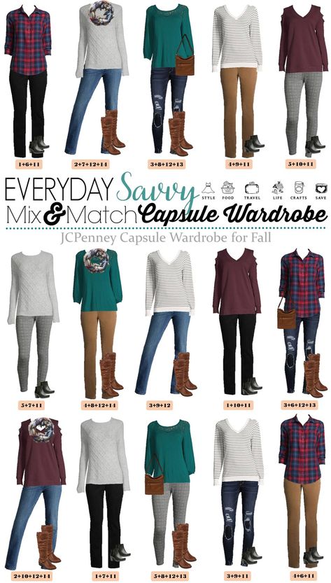 Easy, comfy, simple, cute fall outfits for women with plaid flannel, leggings, jeans, stripes, sweaters, boots and more. Fall Capsule Wardrobe   via @everydaysavvy Jcpenney Outfits, Cute Fall Outfits For Women, Clothes Capsule Wardrobe, Mode Ab 50, Fall Outfits For Women, Fashion Capsule Wardrobe, Simple Fall Outfits, Capsule Outfits, Fall Capsule Wardrobe