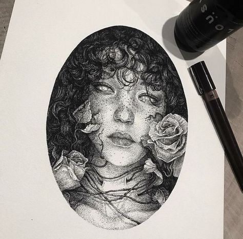 pinterest: makemwhyo Ink Portrait Painting, Ink Anime Drawing, Indian Ink Art, Pointilism Art, Drawing Traditional, Artwork Sketchbook, Painting Pencil, Stippling Art, Girl Portrait