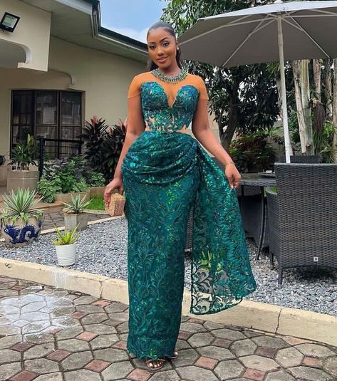 Beaded Lace Styles Asoebi, Asoebi Dress, Asoebi Lace Styles, Aso Ebi Dresses, Nigerian Wedding Dress, Lace Outfits, African Bridal Dress, Nigerian Lace Styles Dress, African Prom Dresses