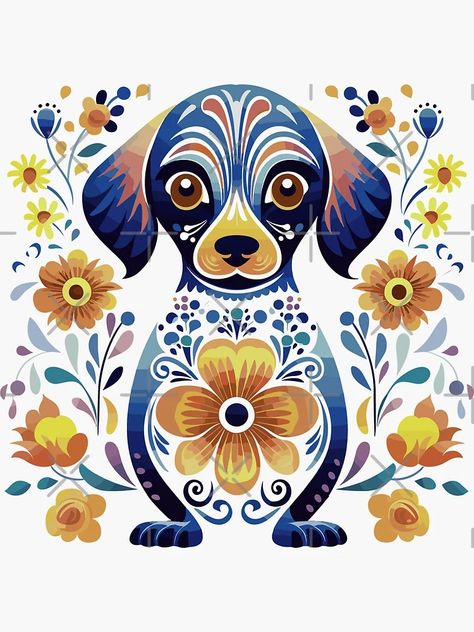 "Puppy Folk Art" Sticker for Sale by ImprintMage | Redbubble Folk Art Dogs, Dog Folk Art, Scandinavian Illustration, Arte Folk, Folk Art Flowers, Adorable Puppy, Furniture Painting, Dog Illustration, Art Flowers