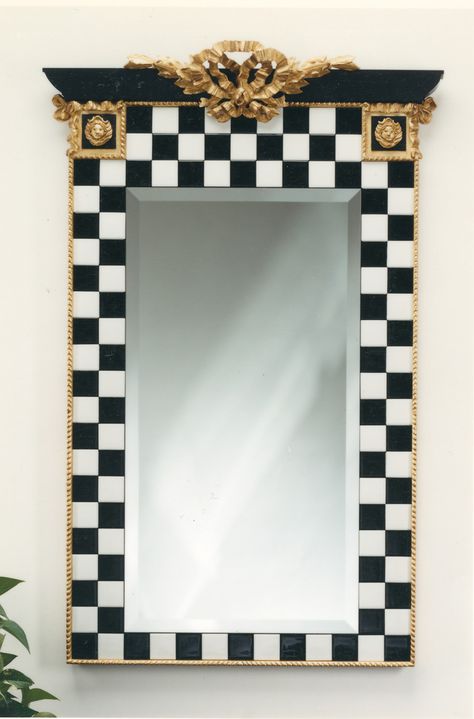 Mirror Border Diy, Black And White Ceramic Tile, Mackenzie Childs Diy, Funky Mirrors, Coffee Table Decor Tray, Tile Mirror, Mirror Border, Mackenzie Childs Inspired, Mirror Frame Diy