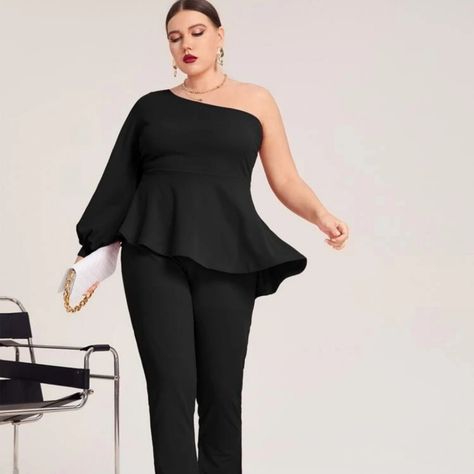 Shein Plus One Shoulder Peplum Top And Pants Plus Size Pants Outfits Dressy, Peplum Top And Pants, Womens Dressy Pants, Wedding Guest Pants, Reunion Outfit, Black Peplum Top, Cocktail Outfit, Well Dressed Women, Sophisticated Outfits