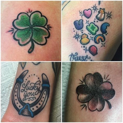 Megan Massacre on St Patricks Day Tattoo Flash, Filler Tattoo Designs, Small Traditional Tattoo, Shamrock Tattoo, Old School Ink, Four Leaf Clover Tattoo, Horse Shoe Tattoo, Tattoo Off, Shamrock Tattoos