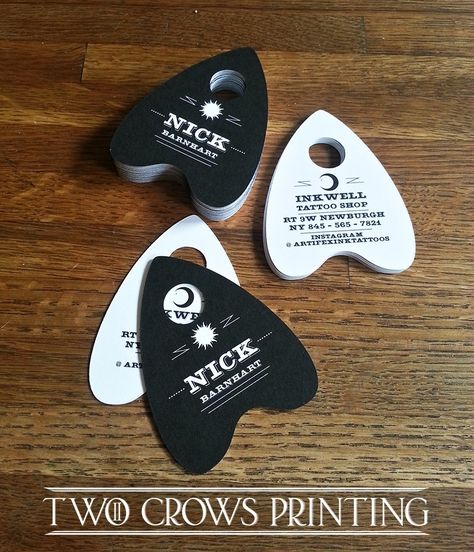 custom die cut Ouija planchette cards made by Two Crows Printing Coffin Business Card, Witch Business Card, Tarot Business Cards, Tattoo Business Cards Ideas, Cool Business Cards Creative, Business Card Tattoo, Tattoo Business Cards, Tattoo Artist Business Cards, Two Crows