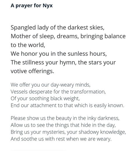 Greek Prayers, Nyx Witchcraft, Nyx Offerings, Nyx Deity, Nyx Goddess, Greek Goddess Of The Night, Witchcraft Quotes, Goddess Magick, Pagan Spirituality