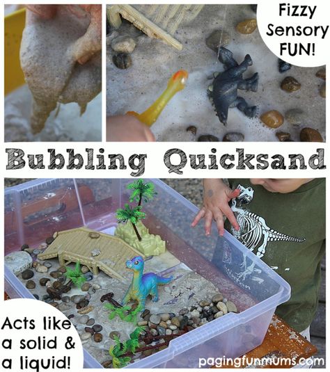 Bubbling Quicksand! An easy Sensory Play Recipe. Perfect for a Dinosaur Sensory Tub, or an Ocean themed one too! Jungle Preschool, Kindergarten Sensory, Sensory Play Recipes, Babysitting Ideas, Kids Food Crafts, Preschool Sensory, Sensory Tubs, Play Sand, Sand Tray