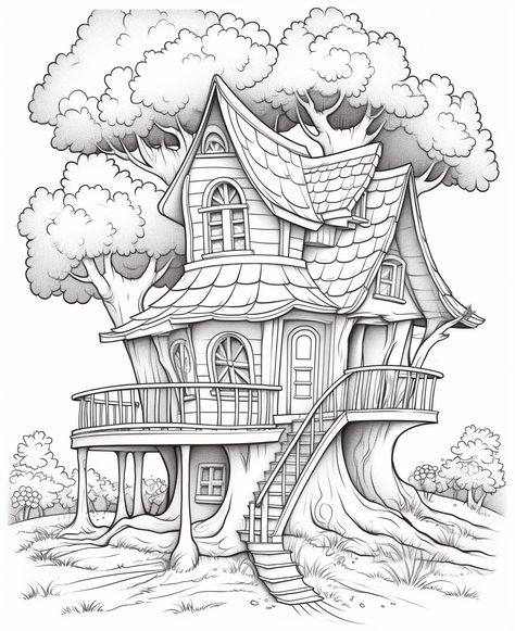 Color your meticulously crafted forest houses in an extraordinary way. Forest House Drawing, Tree House Coloring Pages, Tree House Drawing, Forest Houses, Fantasy Cottage, Pencil Drawings Of Animals, House Colouring Pages, Cartoon House, Tree Coloring Page