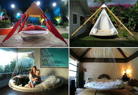 Refurbished trampolines.  Wow! Recycled Trampoline, Trampoline Bed, Garden Trampoline, Old Trampoline, Backyard Trampoline, Hanging Beds, Hanging Bed, Floating Bed, Bed Swing