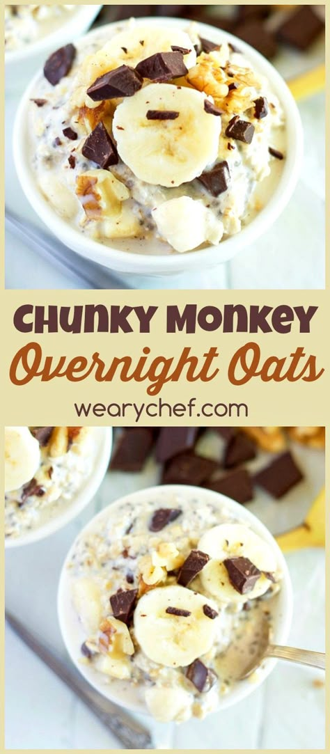 Chunky Monkey Overnight Oats Recipe - The Weary Chef Light Breakfast Ideas Healthy Low Carb, Vgs Recipes, Weight Watcher Desserts, Oat Recipes Healthy, Easy Overnight Oats, Banana Overnight Oats, Overnight Oats Recipe Healthy, Overnight Oats Healthy, Chunky Monkey