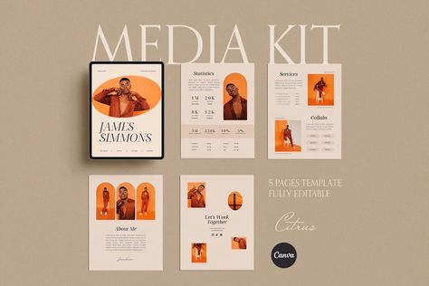 The CITRUS MEDIA KIT TEMPLATE is a fresh, aesthetically-designed collection of 5 fully customizable pages built for Canva. This template empowers influencers, bloggers, UGC creators, and content creators to present their information to brands in a clear, professional, and engaging manner.  Featuring 5 ready-to-use Canva templates, the CITRUS MEDIA KIT TEMPLATE offers a streamlined way to showcase your brand's value effectively.   
.#CanvaTemplates #SocialMediaDesign #InstagramIdeas #PinterestTemplates #CreativeCanva Media Kit Design, Blogger Media Kit, Influencer Media Kit, Template Blogger, Etsy Photography, Media Kit Template, Canvas Learning, Pinterest Templates, Ebook Template