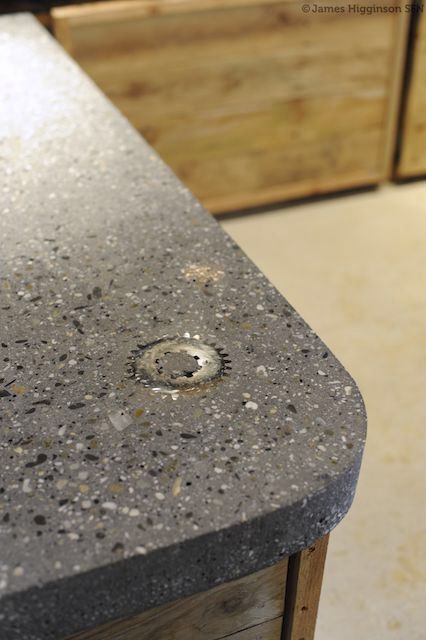 polished concrete inset Concrete Worktop Kitchen, Sol Terrazzo, Polished Concrete Worktop, Concrete Worktop, Diy Terrazzo, Concrete Work, Coffee Shop Branding, Concrete Bench, Concrete Counter