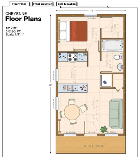 16 x 32 floor plan  Love this but I'd have to put a washer/dryer someplace. Studio Floor Plans, Small Floor Plans, Free Shed Plans, Cabin Floor, Plans Architecture, Cabin Floor Plans, Tiny House Floor Plans, Apartment Plans, Casa Container