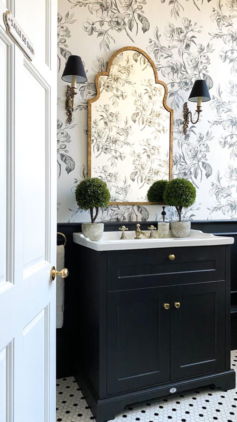 WC aka Powder Room Reveal Black Half Bathroom, Black And White Powder Room, Moody Powder Room, Colonial Chic, Black Cabinets Bathroom, Wallpaper Powder Room, Traditional Meets Modern, Summer Cloth, French Wallpaper