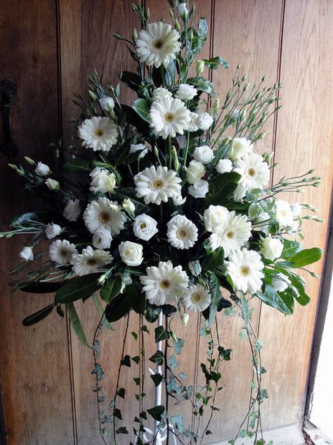 Altar Arrangement #wedding #flowers #flowersbyjodie #flowersbyalison Altar Flowers Church, Rosary Flower Arrangement, Pedestal Flowers Church, Condolence Flowers Floral Arrangements, Spring Flower Arrangements Centerpieces, Altar Flowers Wedding, Church Nativity Flowers Arr@ngement, Church Wedding Flowers, Altar Arrangement