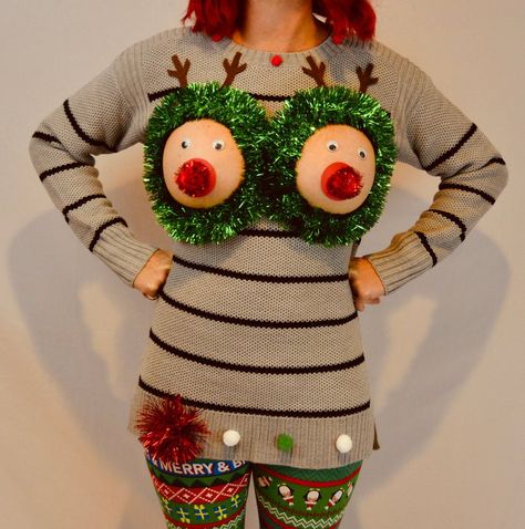 Diy Ugly Sweater Ideas For Women, Cursed Christmas, Ugly Christmas Sweater Diy Funny, Ugly Christmas Sweaters Diy, Ugly Sweater Ideas, Ugly Christmas Sweater Reindeer, Funny Face Photo, Ugly Sweater Diy, Diy Ugly Christmas Sweater