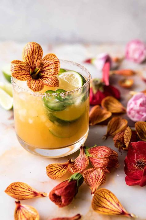 Spicy Gingered Mango Margarita | halfbakedharvest.com #cincodemayo #drinks #mexican Alcholic Drink, Cocktail Aesthetic, Drinks Aesthetic, Drink Aesthetic, Mango Margarita, Spicy Margarita, Stuffed Pepper, Mango Juice, Fancy Drinks