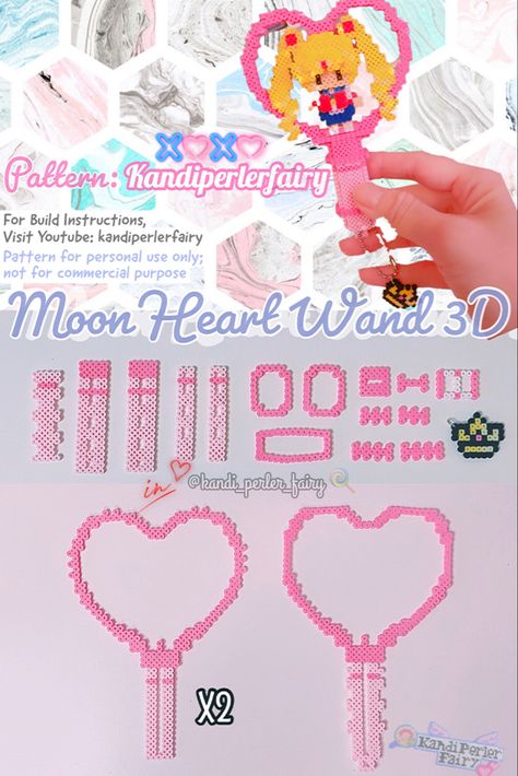 Perler beads tutorial pattern 3D heart wand sailor mood Heart Wand Diy, Bead 3d Pattern, Cute Perler Beads Pattern, How To Bead, Perler Bead Kawaii, 3d Perler Bead Patterns Tutorials, Heart Perler Beads, Kawaii Perler Bead Patterns, Perler Beads 3d