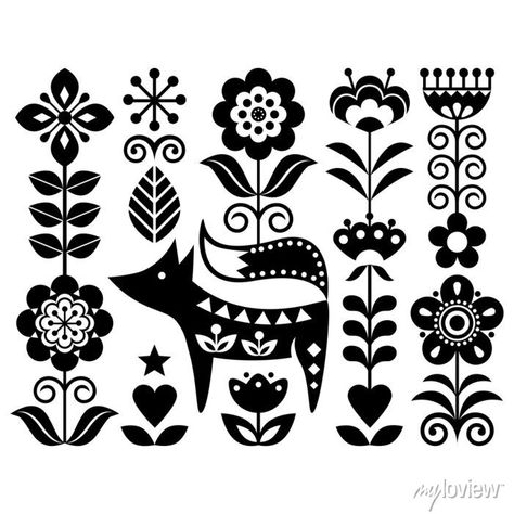 Scandinavian cute monochrome folk art vector design with flowers on prints from myloview. The best quality canvas prints, , murals, posters, stickers. Do you want to decorate your home? Only with myloview! Zee Tattoo, Floral Upholstery Fabric, Arte Folk, Scandinavian Pattern, Floral Upholstery, Folk Design, Retro Background, Scandinavian Folk Art, Art Video