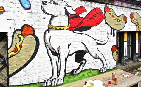 Outdoor dog mural painting Dog Mural, Dog Boarding Ideas, Indoor Dog Park, Tamako Love Story, Art And Craft Design, Dog Rooms, Cup Art, Murals Street Art, Dog Wall Art